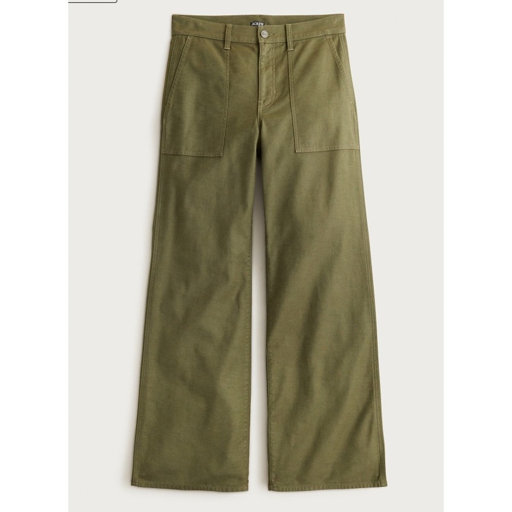 NEW J.Crew Polished Cargo Pant Olive Green Wide Leg Stretch Cotton Waist 24